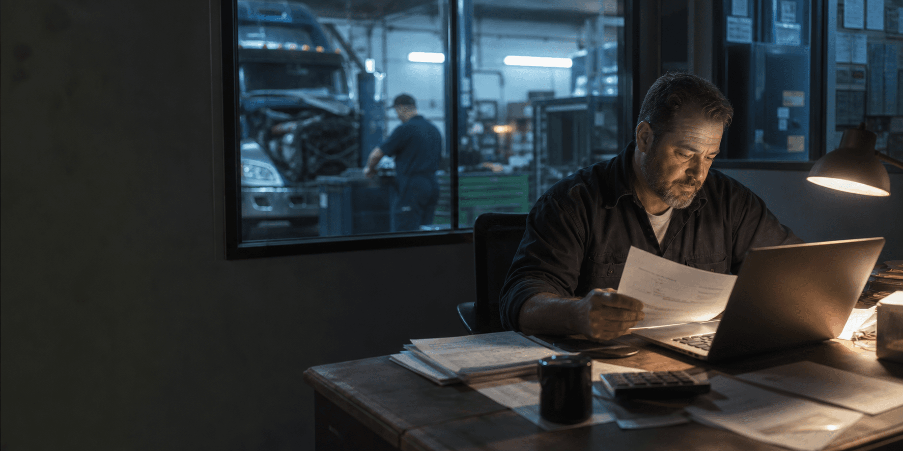 Diesel repair shop owner reconciling invoices at a desk beside the active service bay